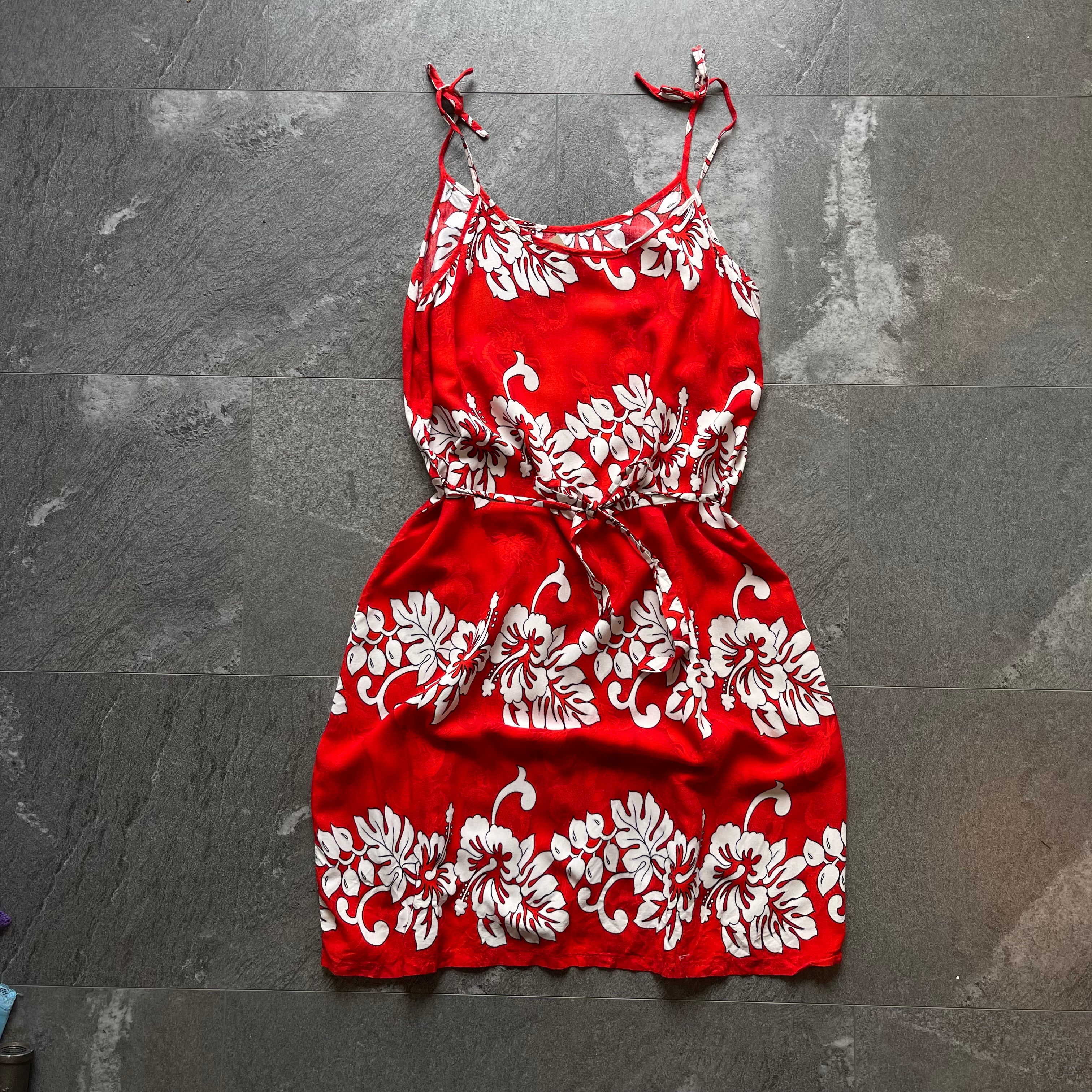 Vintage Rayon Red Tropical & Dragon Print Strappy Mini Dress