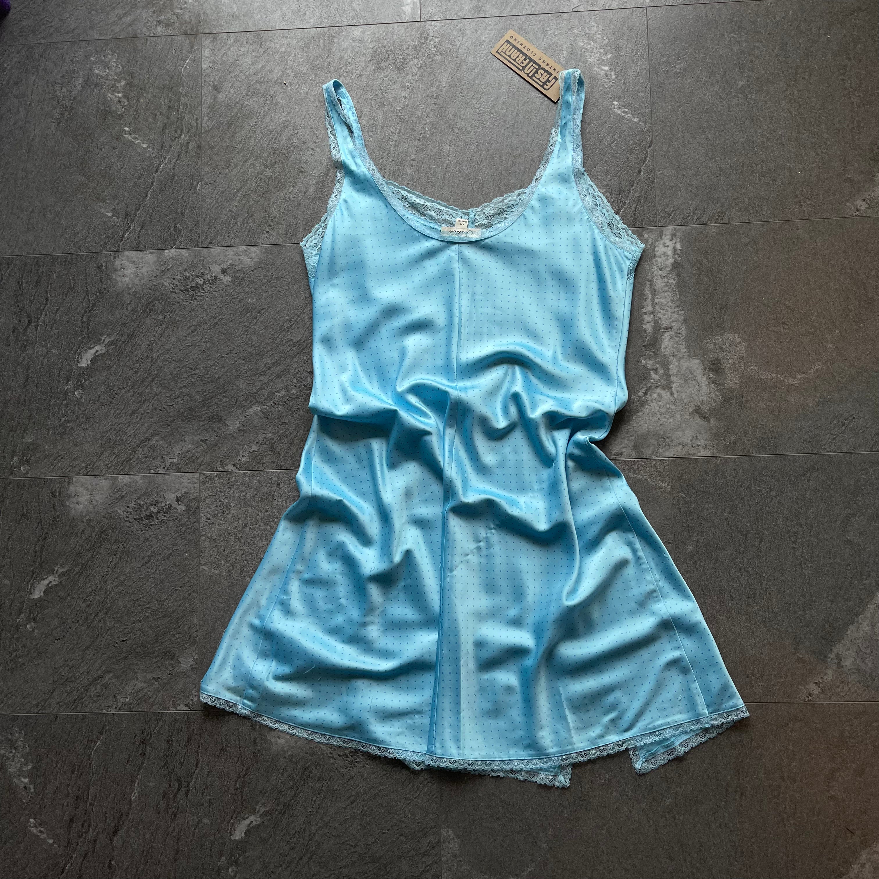 Vintage Jessica Blue Lace & Silk Polka Dot Mini Dress size-L/G