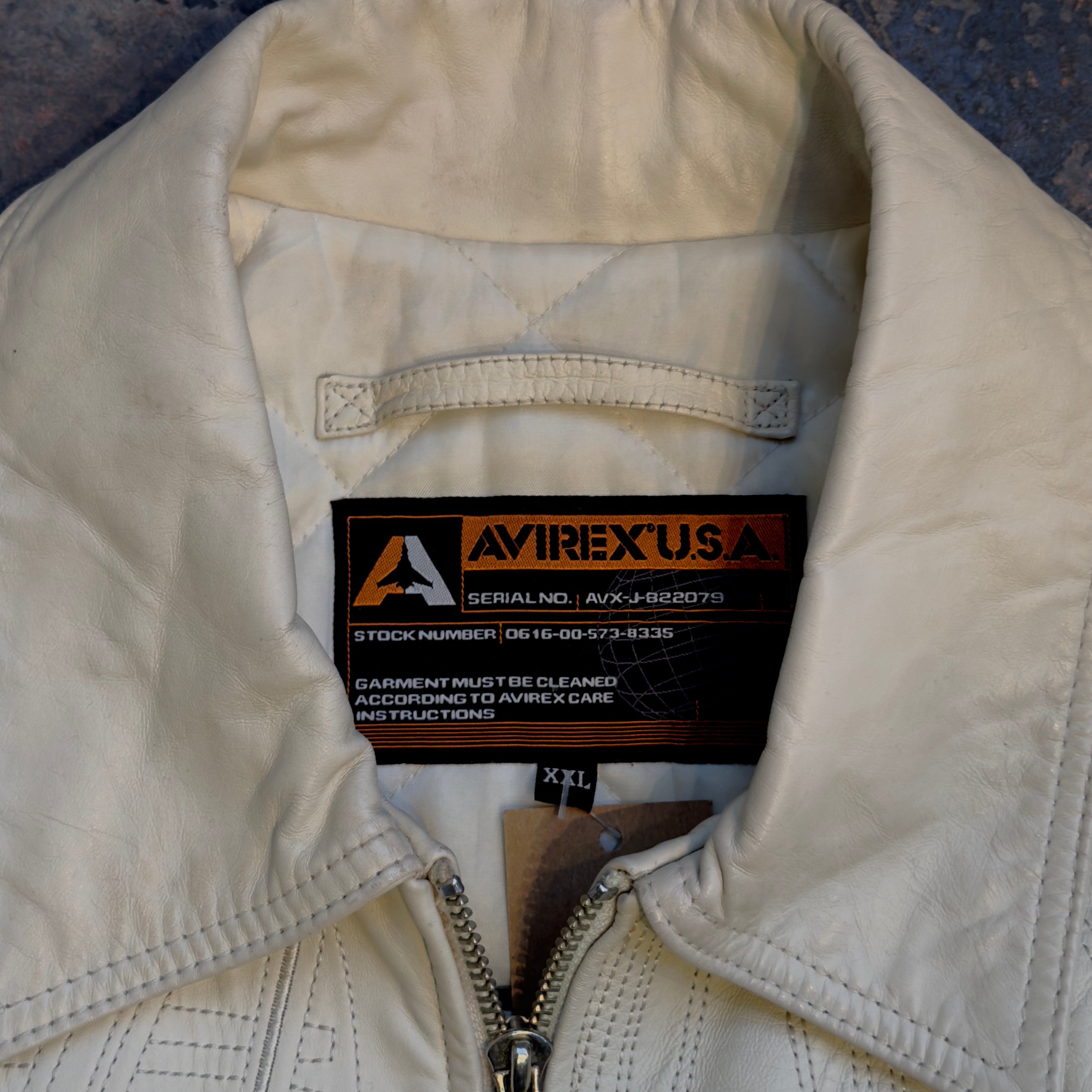 Vintage Avirex Embroidered White Leather Jacket Size XXL.